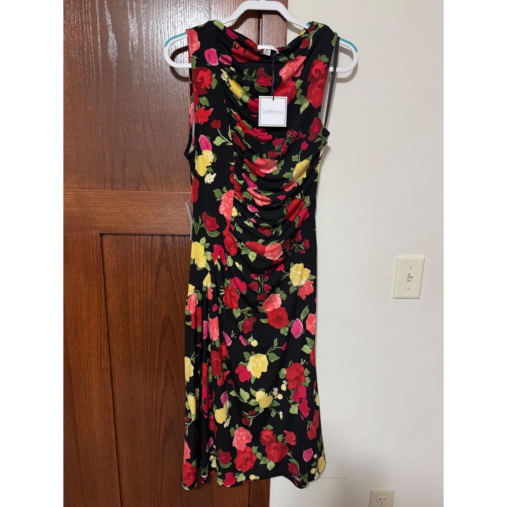 Premier Amour Floral Ruched Cowl Neck Sheath Dress Black Multi PZ942241 Size 12